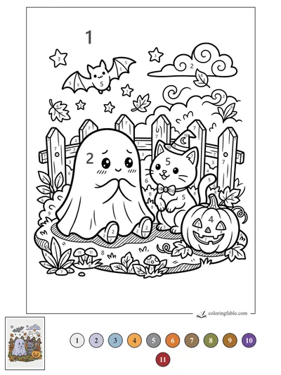 Shy Ghost With a Witchy Cat and Jack-o’-Lantern — color by number