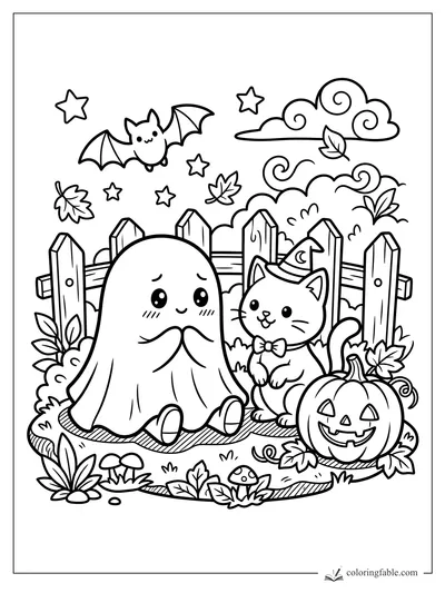 Kawaii ghost sitting by a witch-hat cat, jack-o'-lantern, bat, stars, fence, leaves, and mushrooms.