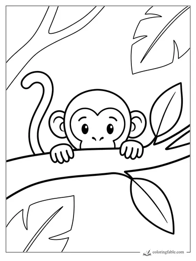 Minimalist baby monkey peeking over a jungle branch with curled tail and large leaves