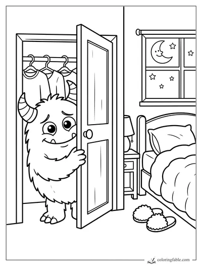 Cute horned monster peeking from an open closet door in a moonlit bedroom with slippers and hanging shirts.
