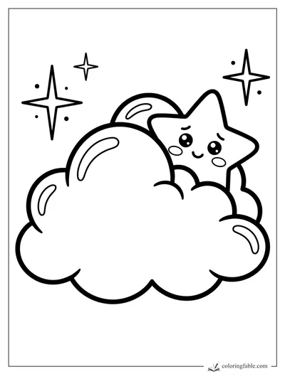 Cute smiling star peeking from a big puffy cloud with bubbles and sparkle stars