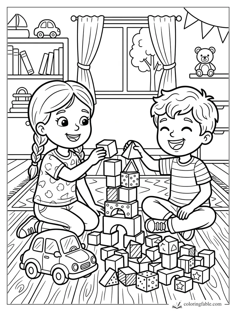 Two smiling children build a block tower on a rug with toy cars, shelves, curtains, and a teddy bear.