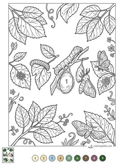 Silkworms Among Mulberry Leaves — color by number