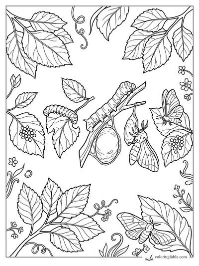 Silkworm caterpillars, moths, a cocoon, mulberry leaves, berries, vines, and small flowers to color