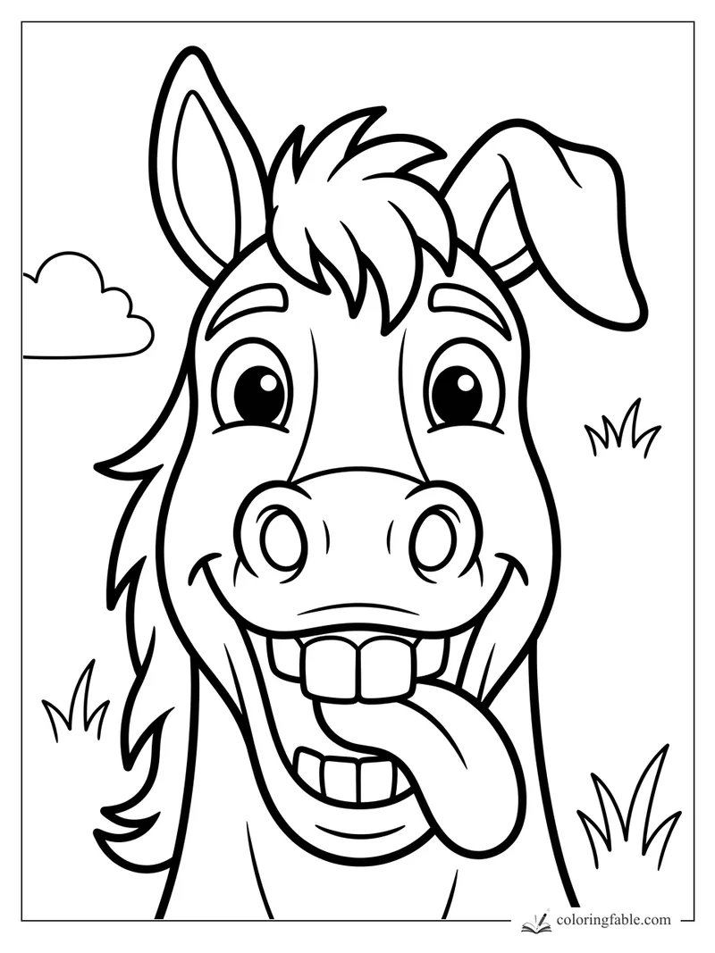 Funny horse face with big eyes, front teeth, tongue out, one floppy ear, cloud, and grass tufts.