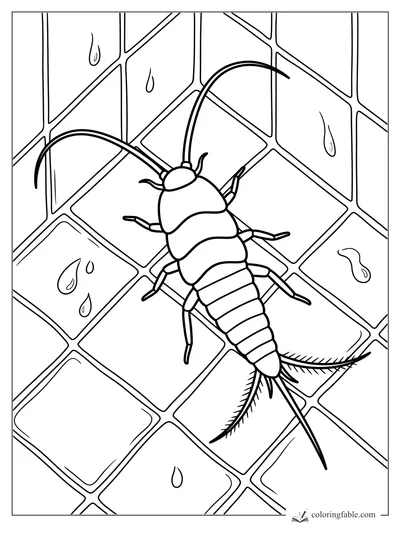 Silverfish with long antennae crossing wet square bathroom tiles with scattered water drops
