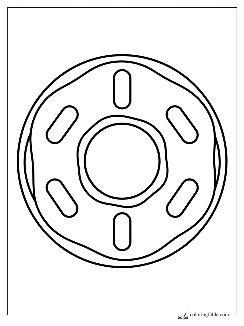 Minimalist donut coloring page with wavy icing, center hole, and six oval sprinkles