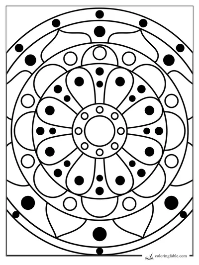 Minimalist flower mandala coloring page with rounded petals, rings, and bold black dots