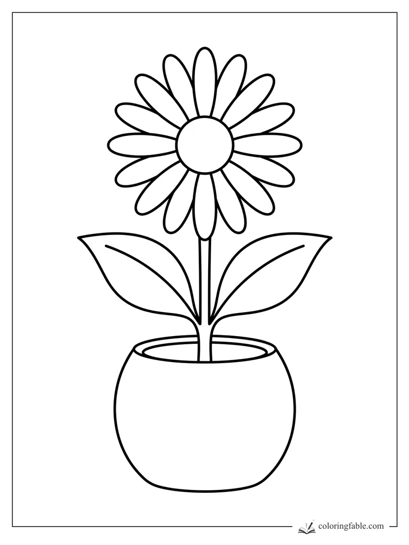 Minimalist potted daisy coloring page with round flower center, long petals, two leaves, and a bowl-shaped pot.