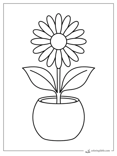 Minimalist potted daisy coloring page with round flower center, long petals, two leaves, and a bowl-shaped pot.