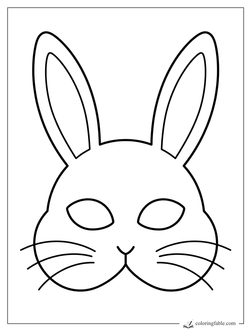 Minimalist rabbit face coloring page with tall ears, oval eyes, small nose, and long whiskers.