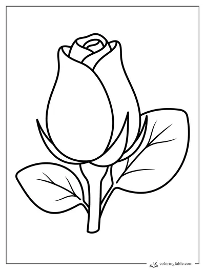 Minimalist rosebud coloring page with folded petals, a short stem, and two veined leaves.