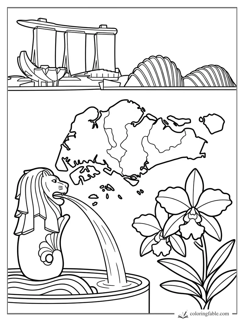 Singapore coloring page with Merlion fountain, country map, Marina Bay Sands, Gardens by the Bay, and orchids