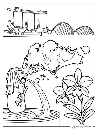 Singapore coloring page with Merlion fountain, country map, Marina Bay Sands, Gardens by the Bay, and orchids