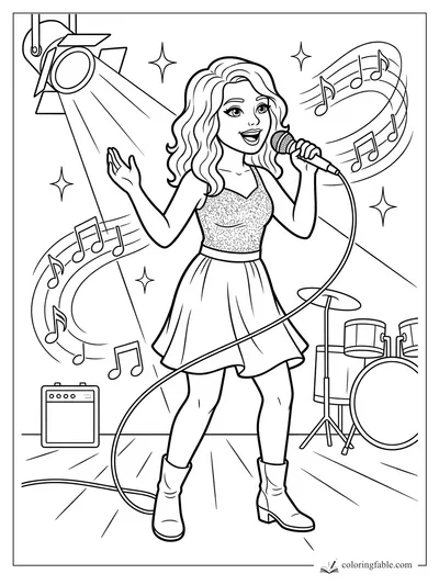 Singer with microphone, spotlight, music notes, amp, and drum set on a small stage