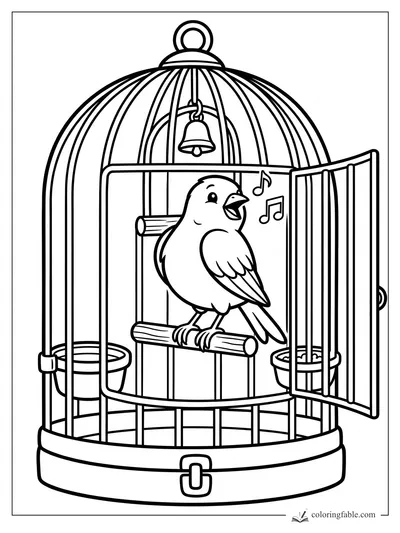 Happy bird singing on a perch inside an open cage with a bell, food cups, and music notes