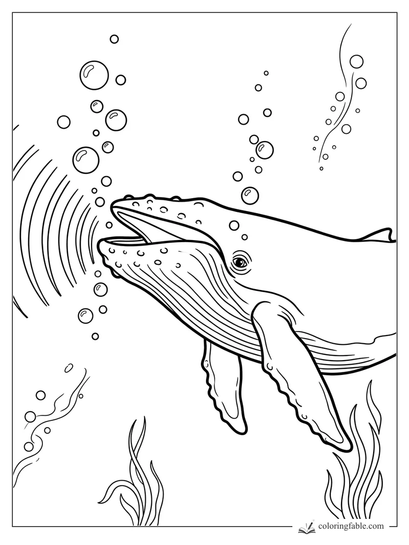 Humpback whale singing underwater with bubbles, seaweed, and curved sound waves