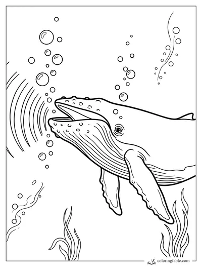Humpback whale singing underwater with bubbles, seaweed, and curved sound waves