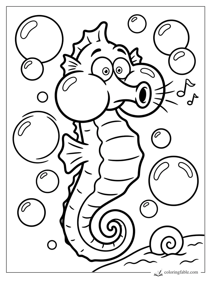 Cartoon seahorse singing notes while holding bubble balloons among round bubbles and shells.
