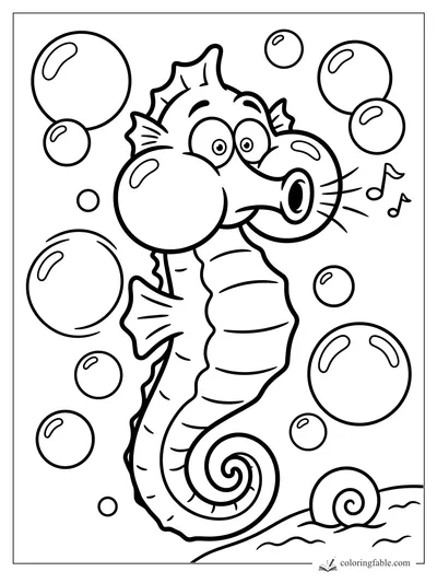 Cartoon seahorse singing notes while holding bubble balloons among round bubbles and shells.