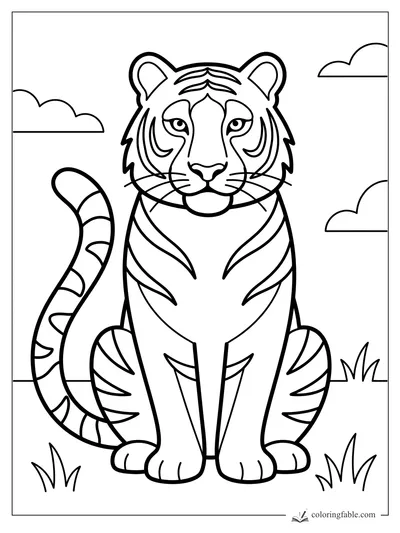 Minimalist tiger coloring page with a sitting tiger, curled striped tail, grass tufts, and clouds.