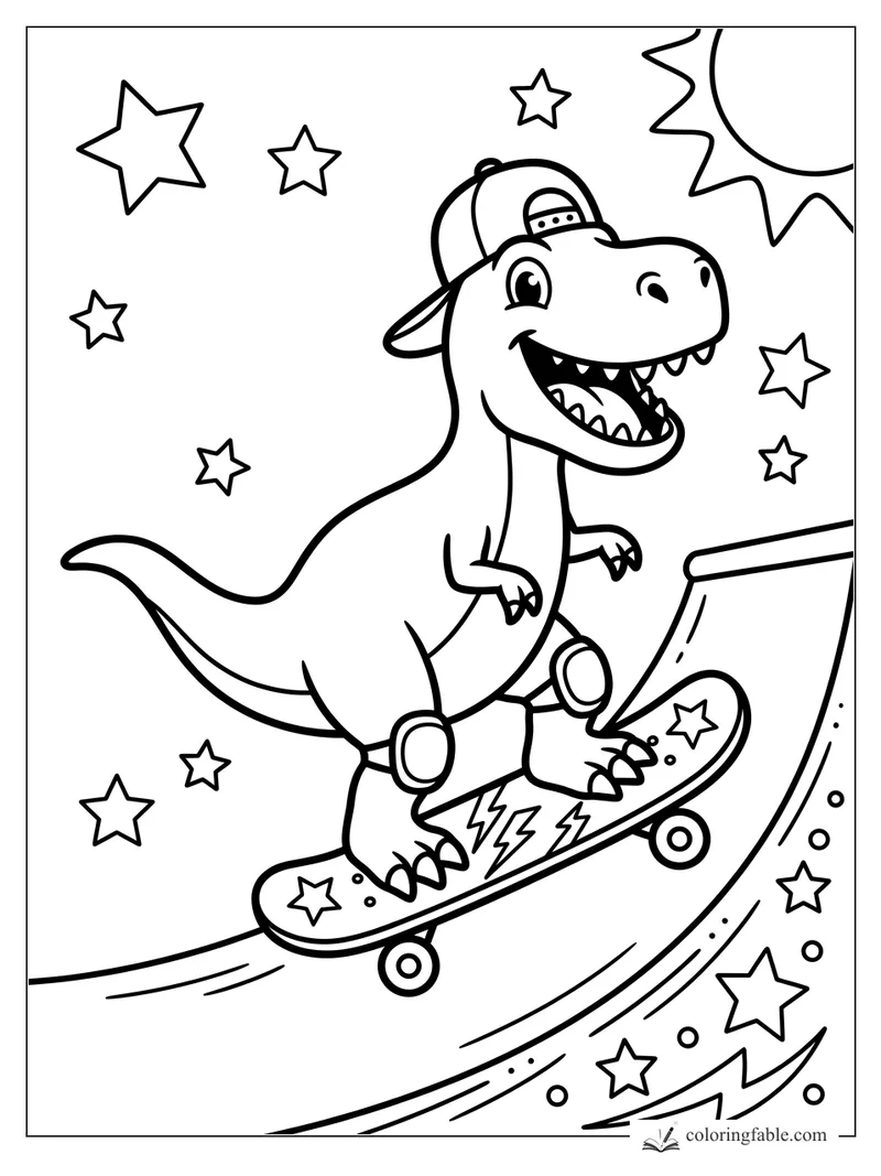 Cartoon T. rex in a backward cap skateboarding on a ramp with stars and sun