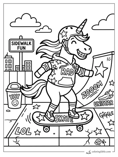 Sticker-style unicorn skateboarding past Sidewalk Fun sign, stars, clouds, and playful street doodles