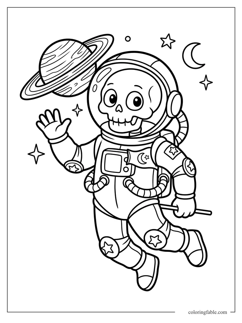 Cartoon skeleton astronaut waving near a ringed planet, crescent moon, and stars coloring page