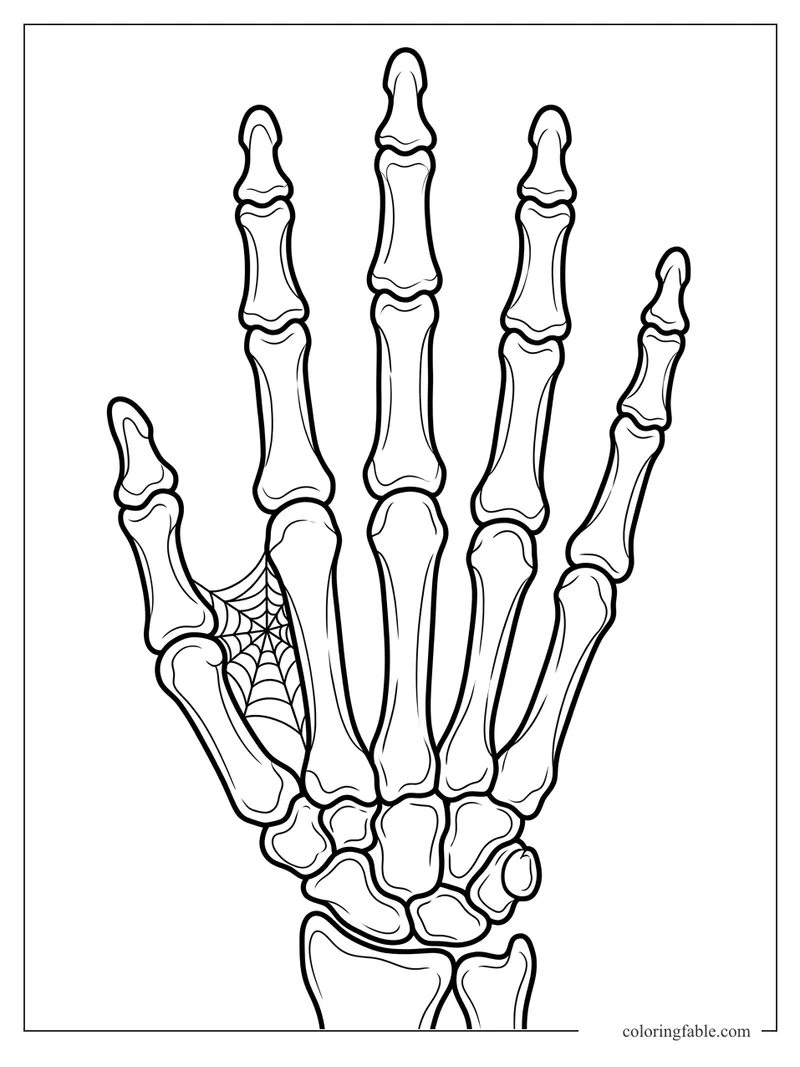 Realistic skeleton hand coloring page with long finger bones and a small web between the thumb and palm.