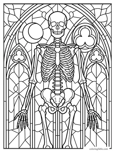 Intricate stained-glass skeleton coloring page with gothic arches, clover panels, and a round moon-like disc.