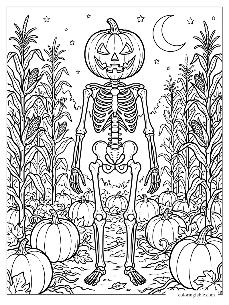 Skeleton with a jack-o'-lantern head standing in a cornfield pumpkin patch under a crescent moon.