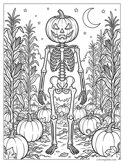Skeleton with a jack-o'-lantern head standing in a cornfield pumpkin patch under a crescent moon.
