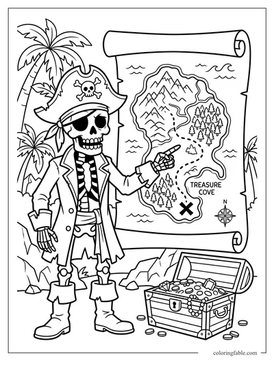 Cartoon skeleton pirate pointing at a Treasure Cove map beside an open chest of coins.