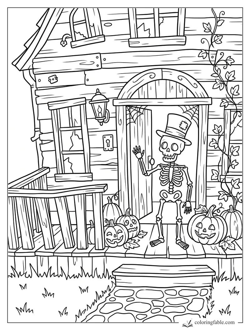 Cartoon haunted house porch with waving skeleton, jack-o'-lanterns, vines, cracked windows, and cobwebs.