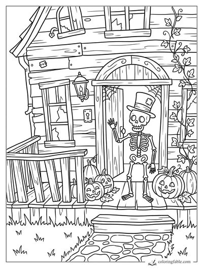 Cartoon haunted house porch with waving skeleton, jack-o'-lanterns, vines, cracked windows, and cobwebs.