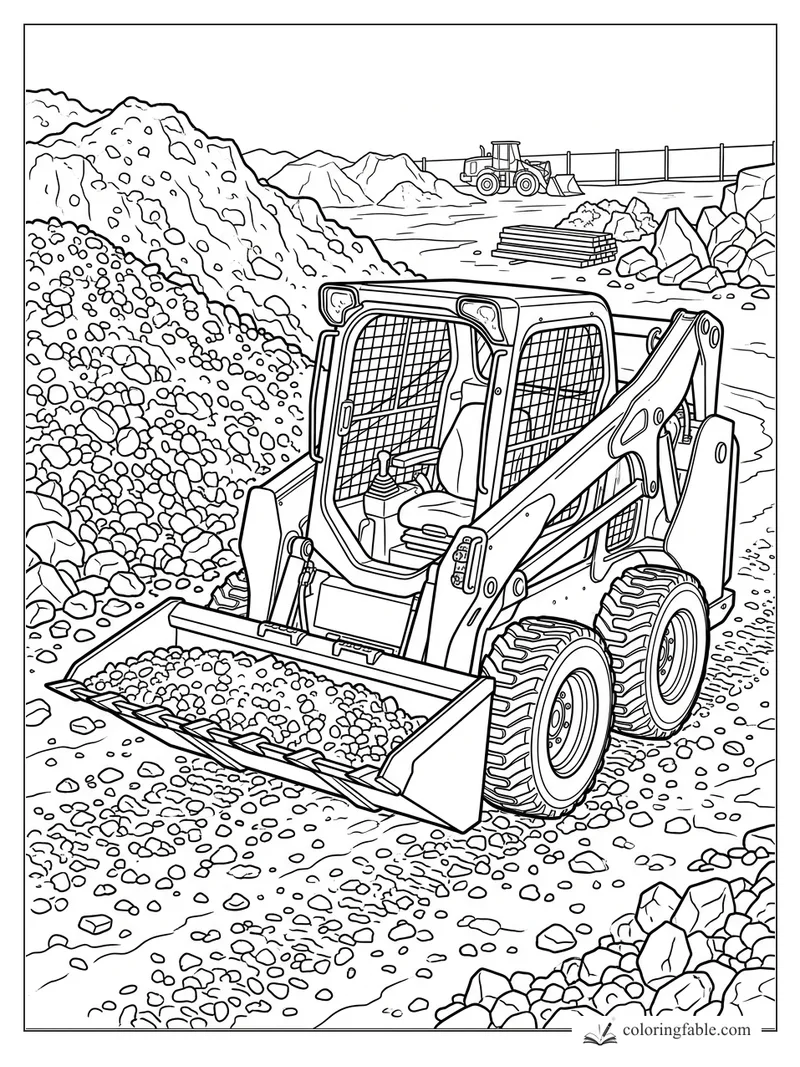 Realistic skid steer loader scooping gravel beside rock piles, stacked boards, fence, and distant loader.