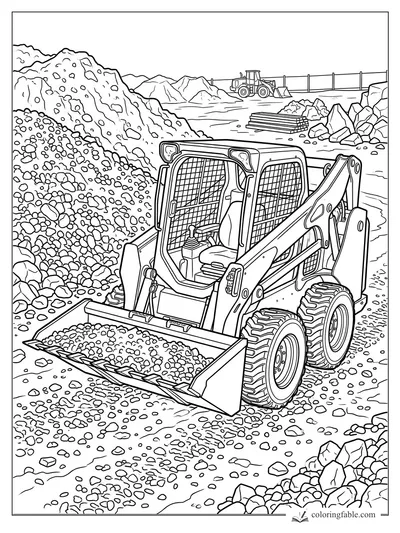 Realistic skid steer loader scooping gravel beside rock piles, stacked boards, fence, and distant loader.