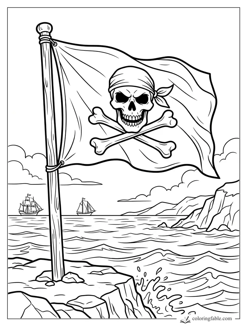 Pirate skull flag on a wooden pole above waves, cliffs, clouds, and two sailing ships