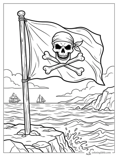 Pirate skull flag on a wooden pole above waves, cliffs, clouds, and two sailing ships