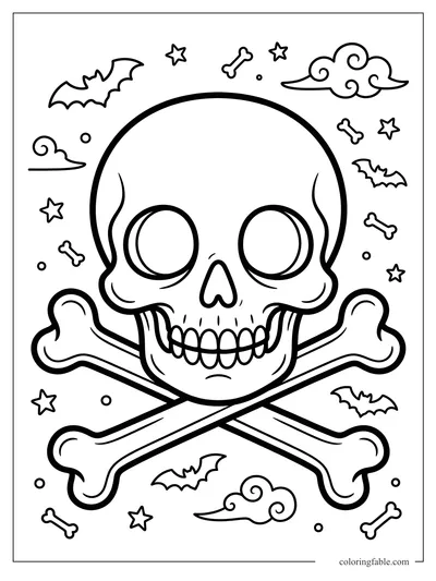 Easy skull and crossbones coloring page with bats, stars, clouds, and tiny bones.