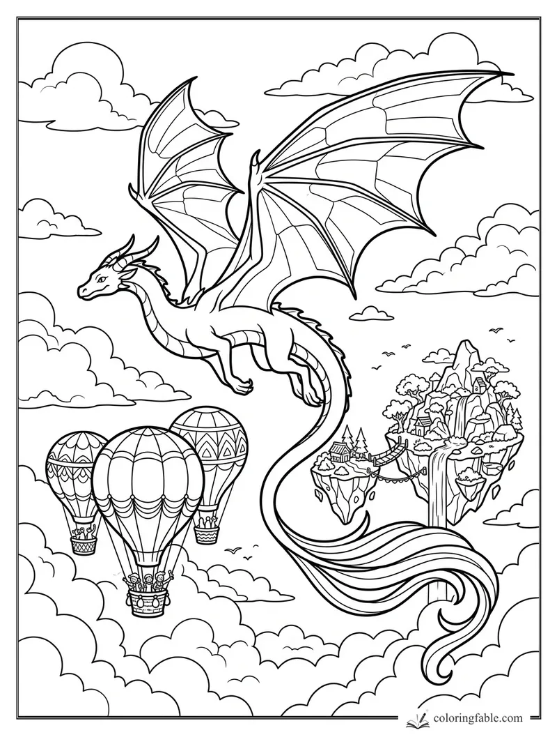 Cartoon dragon flying over hot air balloons and floating islands with waterfalls in the clouds
