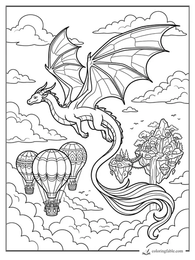 Cartoon dragon flying over hot air balloons and floating islands with waterfalls in the clouds
