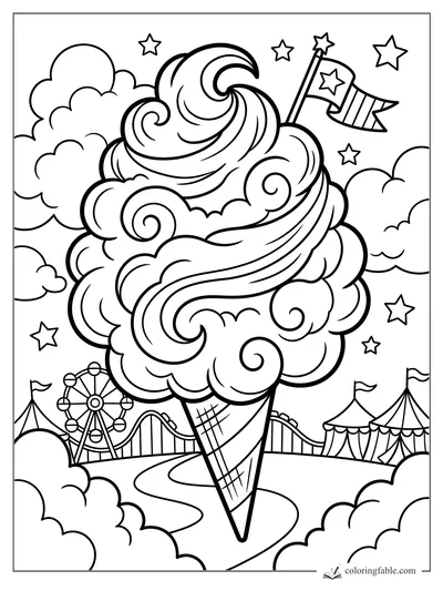 Easy coloring page of a giant cotton candy cone above a fairground with stars, tents, and a Ferris wheel.