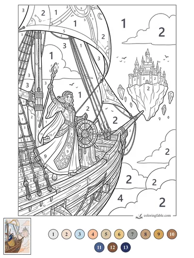 Skyship Mage Steering Toward a Floating Castle — color by number