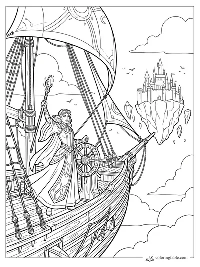 Mage with glowing staff steers a skyship toward a floating castle in the clouds