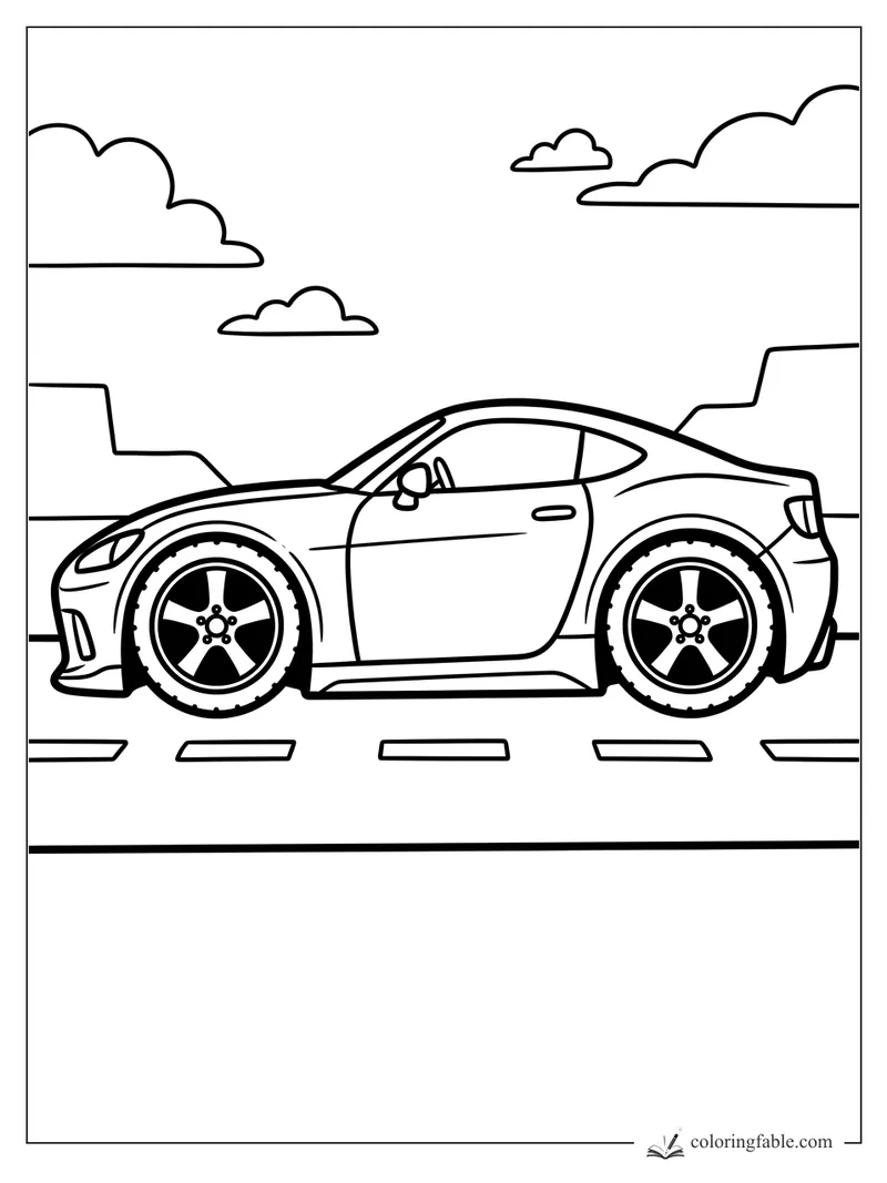 Easy sports car coloring page with big wheels, road stripes, city buildings, and clouds