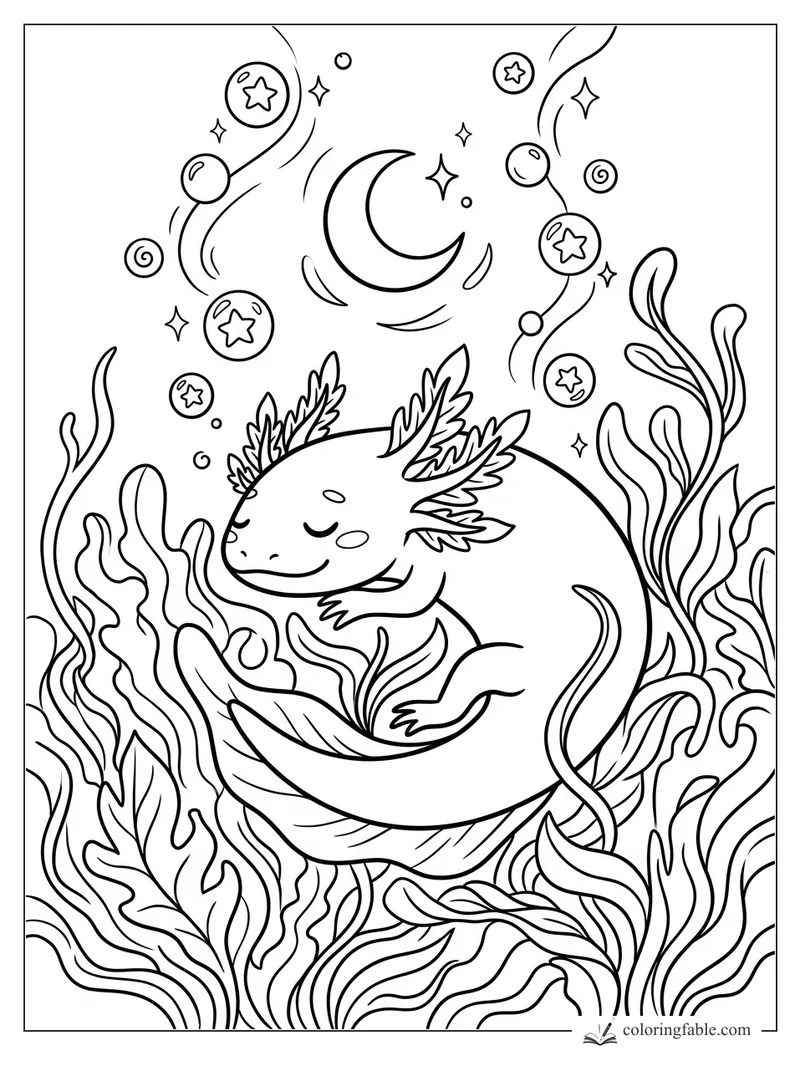 Sleeping axolotl curled on a leaf among seaweed, bubbles, stars, and a crescent moon coloring page