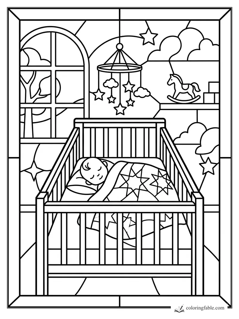 Stained-glass nursery coloring page with sleeping baby in crib, star quilt, mobile, window, and rocking horse.