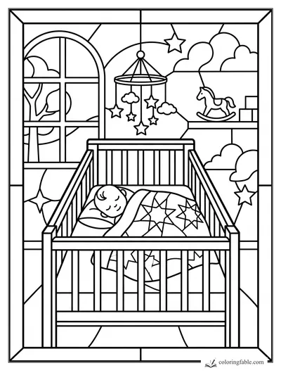 Stained-glass nursery coloring page with sleeping baby in crib, star quilt, mobile, window, and rocking horse.