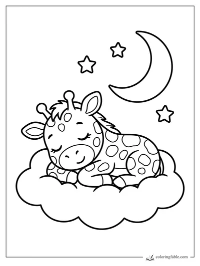 Cute baby giraffe sleeping on a fluffy cloud under a crescent moon and three stars.
